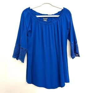 Chelsea & Theodore Royal Blue Lace Crochet Sleeve Peasant Top